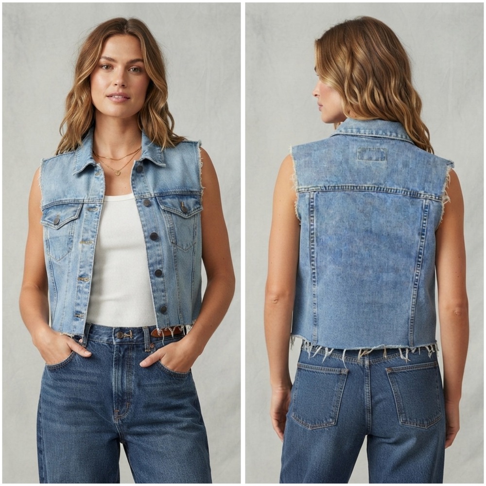 Vintage Breaker Jeans Denim Vest Womens Medium Medium Wash Frayed Cut Off USA